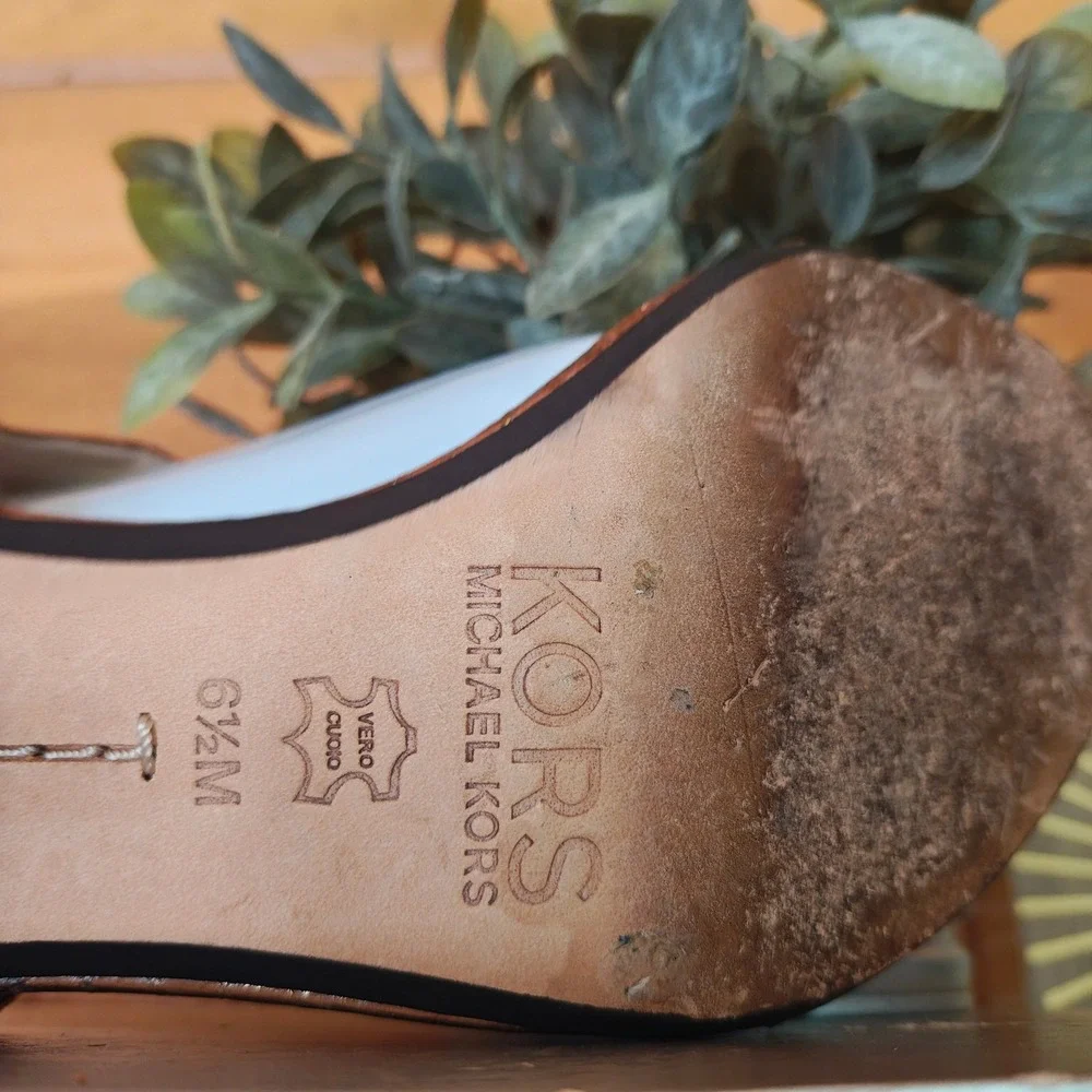 Michael Kors Gold Leather Snakeskin TStrap Heeled Sandals Open Toe Shoes Sz 6.5M
